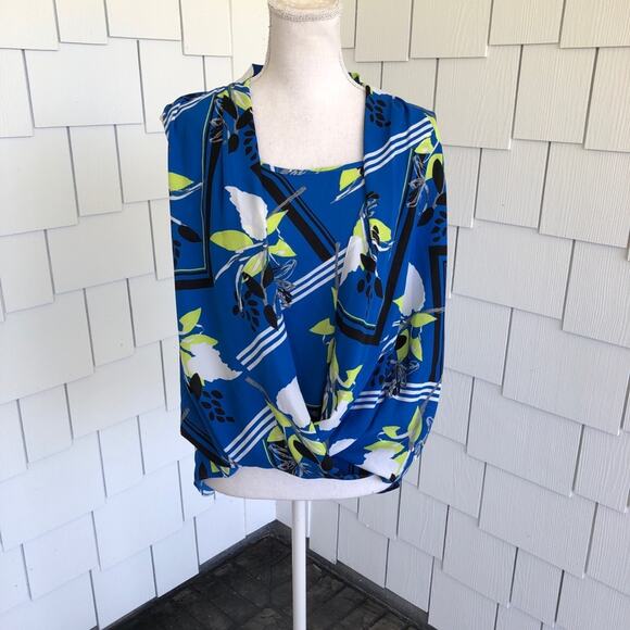 Alfani Women's Blue Floral Surplice Neck Sleeveless Faux Wrap Blouse sz Medium - Picture 1 of 5